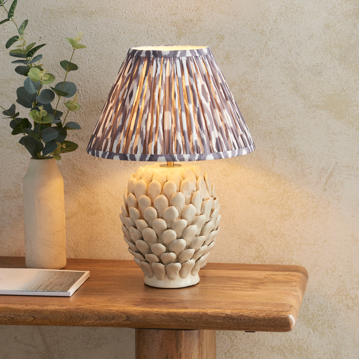 Layered Leaf Ceramic Table Lamp in Ivory Crackle Glaze with Pearl Grey 30cm Ikat Shade