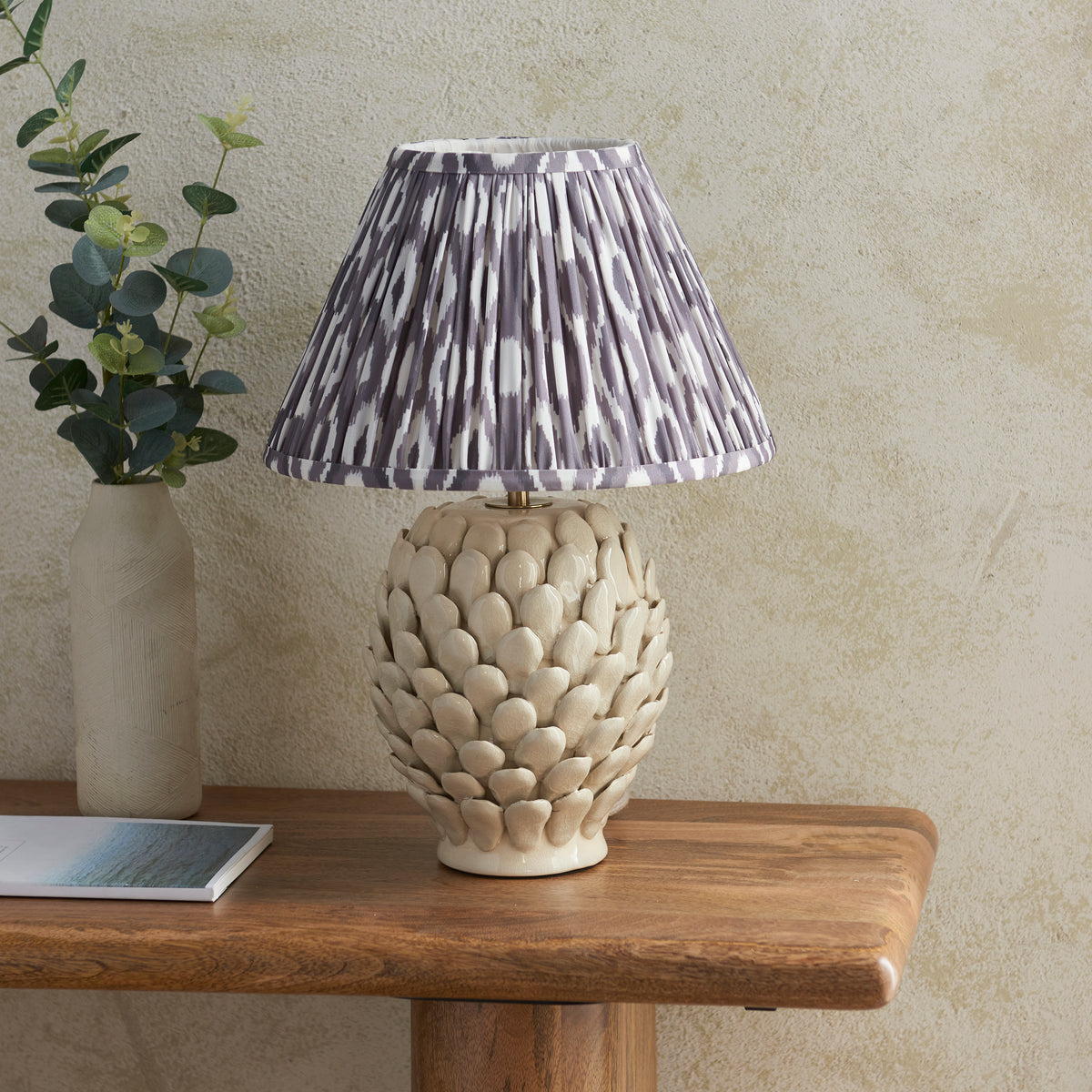 Layered Leaf Ceramic Table Lamp in Ivory Crackle Glaze with Pearl Grey 30cm Ikat Shade