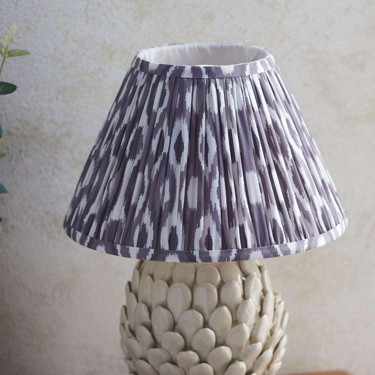 Layered Leaf Ceramic Table Lamp in Ivory Crackle Glaze with Pearl Grey 30cm Ikat Shade