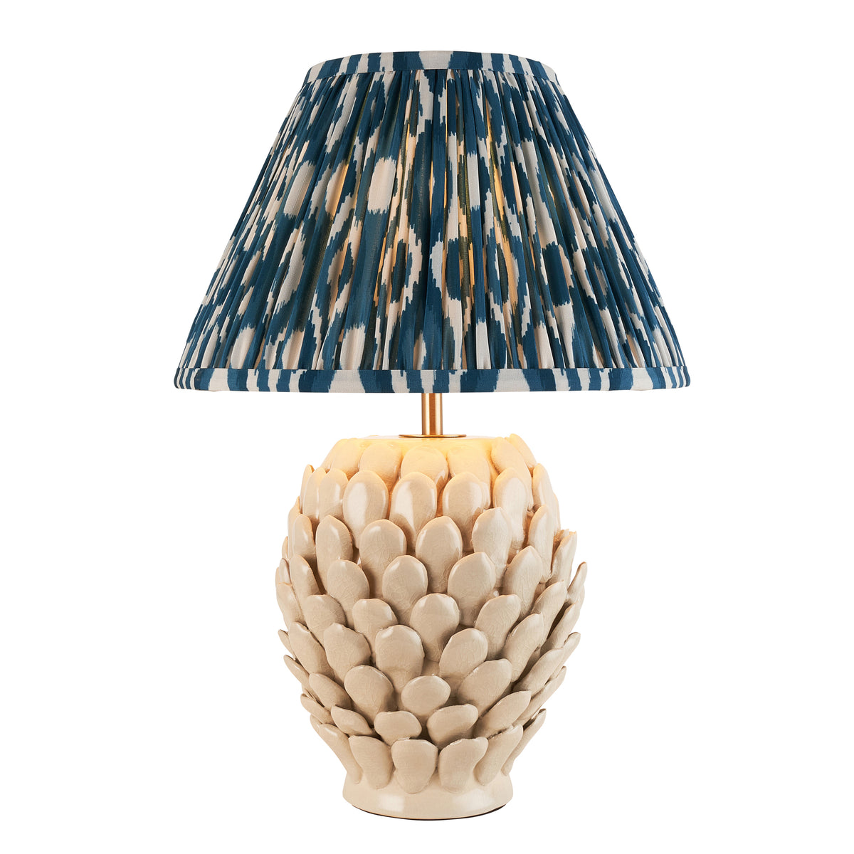 Layered Leaf Ceramic Table Lamp in Ivory Crackle Glaze with Marlin Blue 30cm Ikat Shade