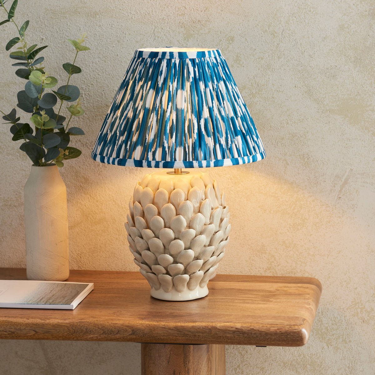 Layered Leaf Ceramic Table Lamp in Ivory Crackle Glaze with Marlin Blue 30cm Ikat Shade