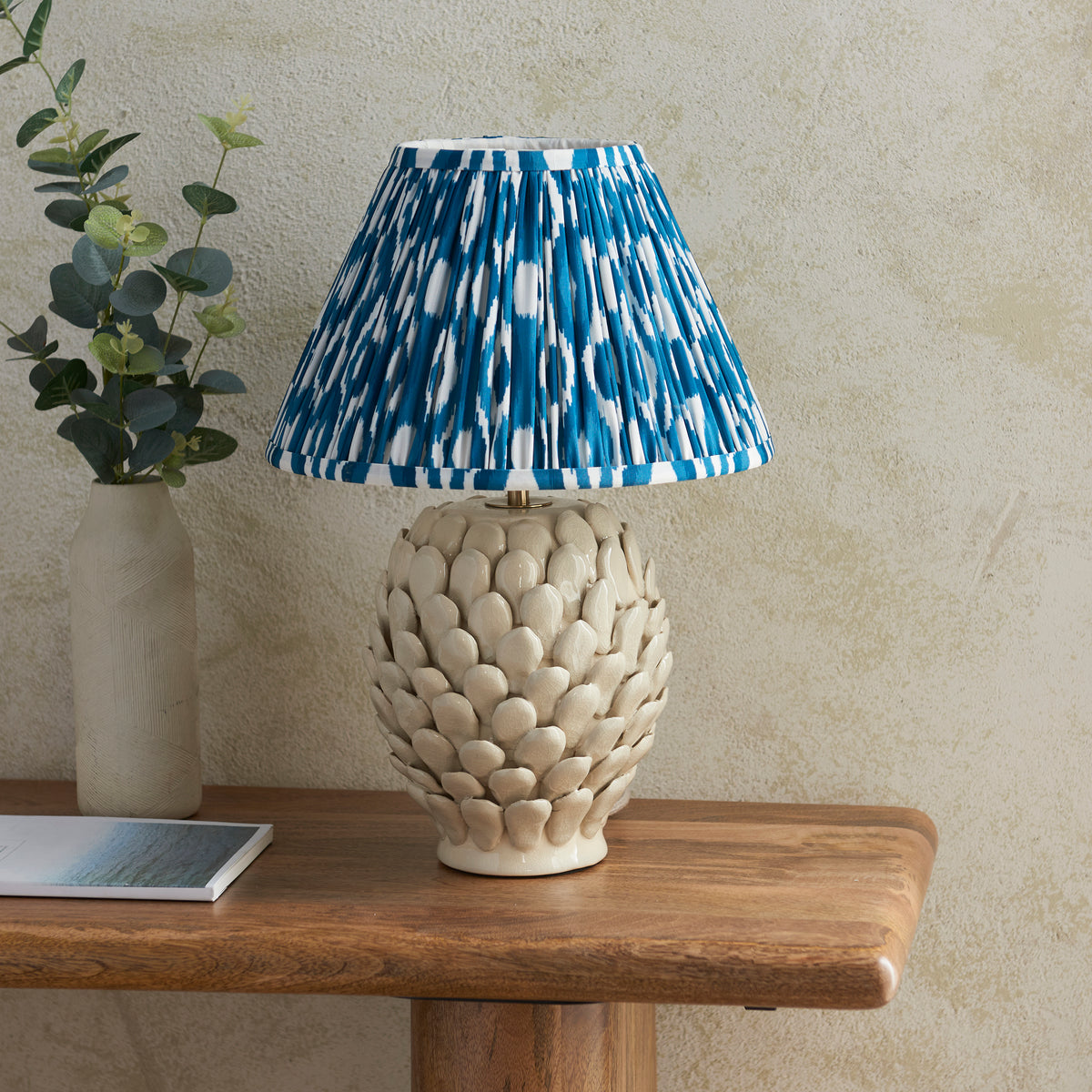 Layered Leaf Ceramic Table Lamp in Ivory Crackle Glaze with Marlin Blue 30cm Ikat Shade