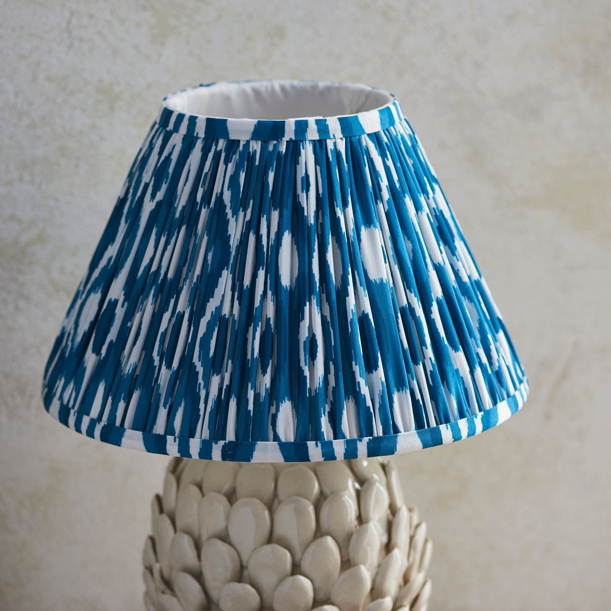 Layered Leaf Ceramic Table Lamp in Ivory Crackle Glaze with Marlin Blue 30cm Ikat Shade
