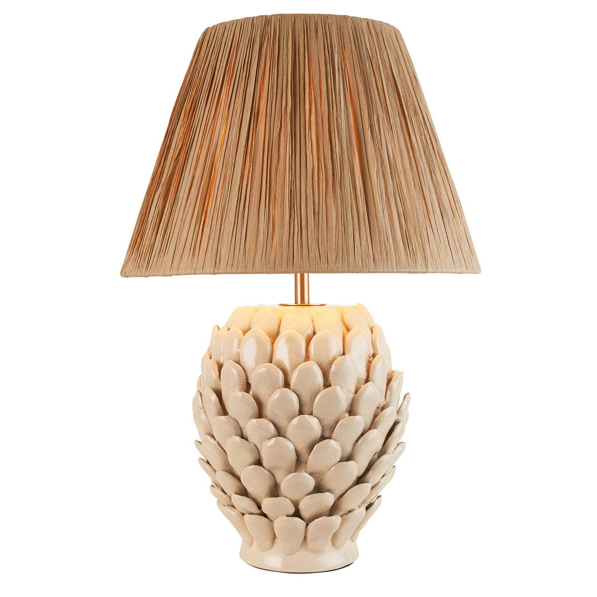Layered Leaf Ceramic Table Lamp in Ivory Crackle Glaze with 30cm Raffia Shade