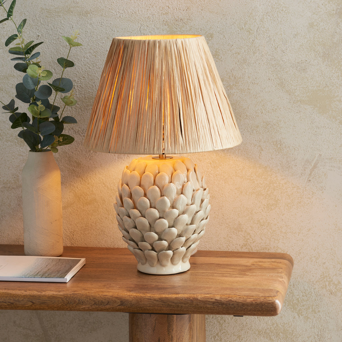 Layered Leaf Ceramic Table Lamp in Ivory Crackle Glaze with 30cm Raffia Shade
