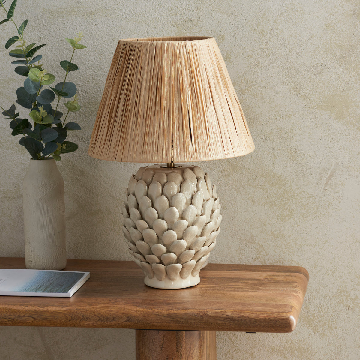 Layered Leaf Ceramic Table Lamp in Ivory Crackle Glaze with 30cm Raffia Shade
