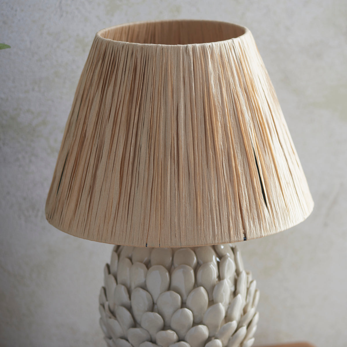 Layered Leaf Ceramic Table Lamp in Ivory Crackle Glaze with 30cm Raffia Shade