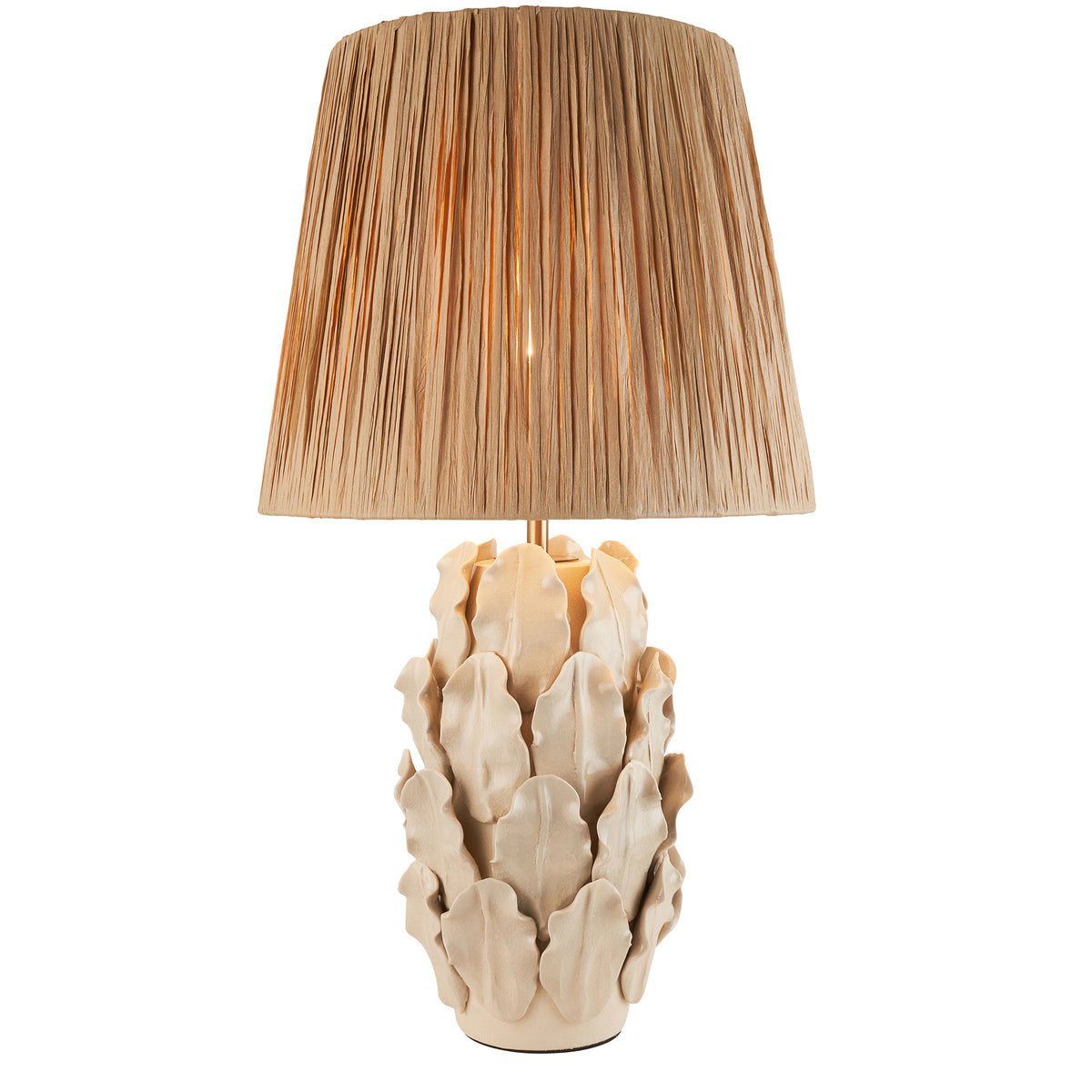 Layered Leaf Ceramic Table Lamp in Ivory Crackle Glaze with 32cm Raffia Shade