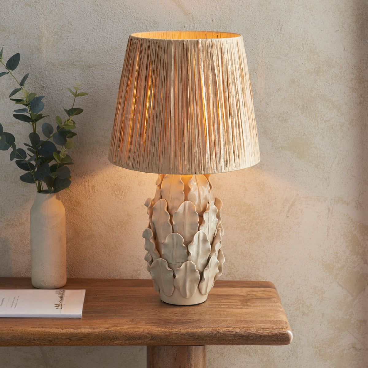 Layered Leaf Ceramic Table Lamp in Ivory Crackle Glaze with 32cm Raffia Shade