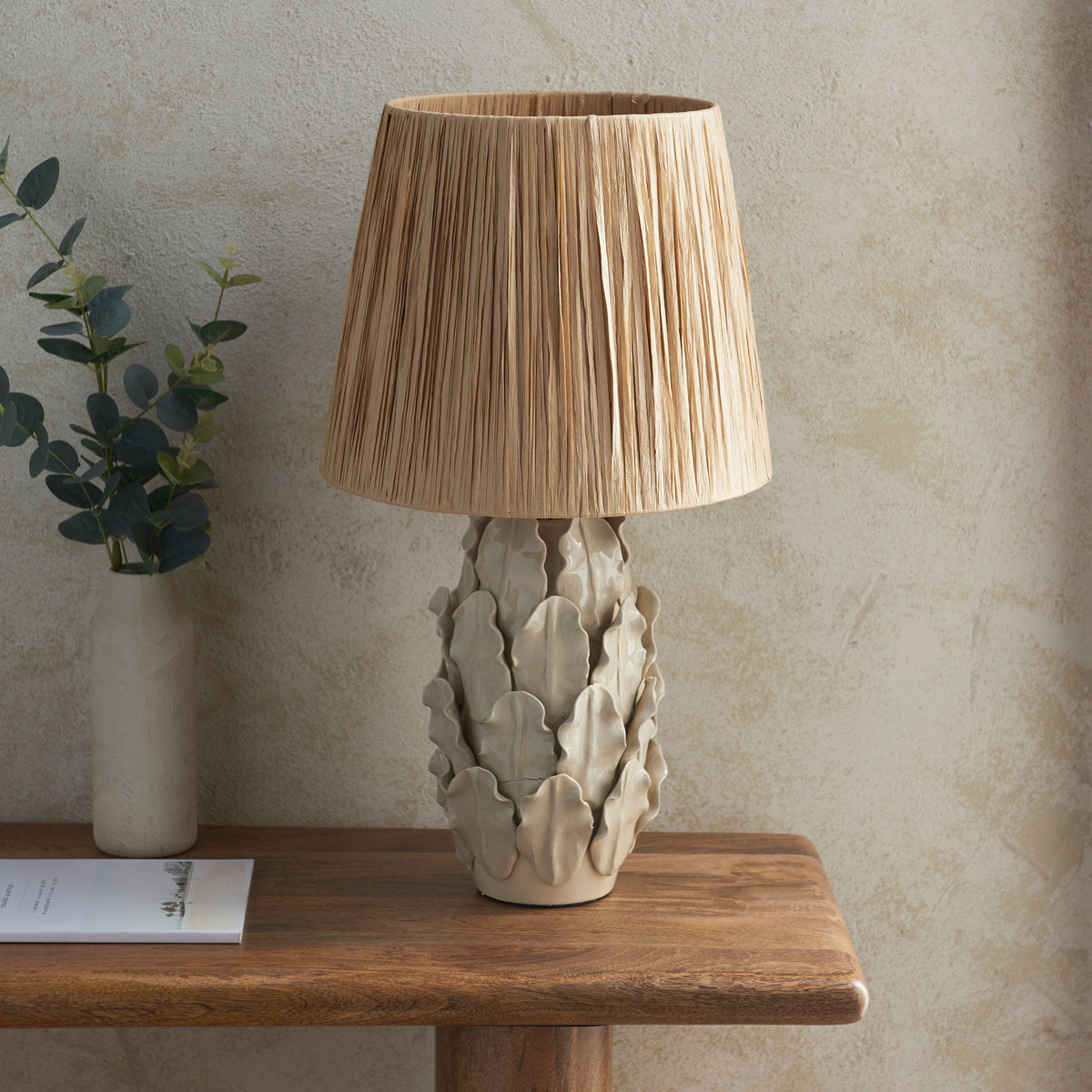 Layered Leaf Ceramic Table Lamp in Ivory Crackle Glaze with 32cm Raffia Shade