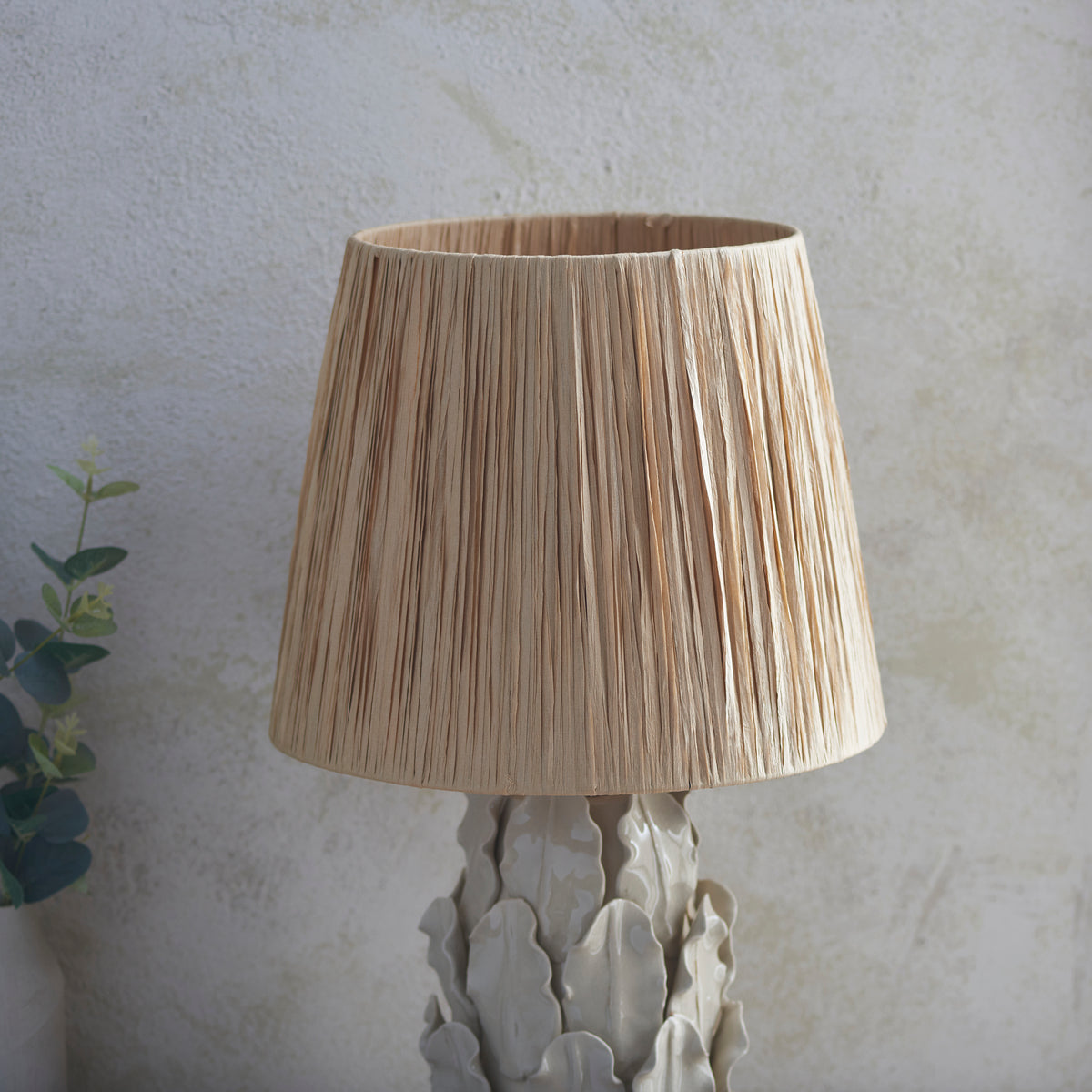 Layered Leaf Ceramic Table Lamp in Ivory Crackle Glaze with 32cm Raffia Shade