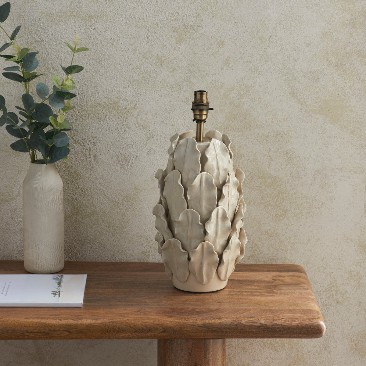 Layered Leaf Ceramic Table Lamp in Ivory Crackle Glaze with 32cm Raffia Shade