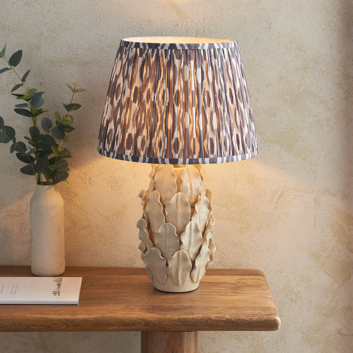 Layered Leaf Ceramic Table Lamp in Ivory Crackle Glaze with Pearl Grey 35cm Ikat Shade