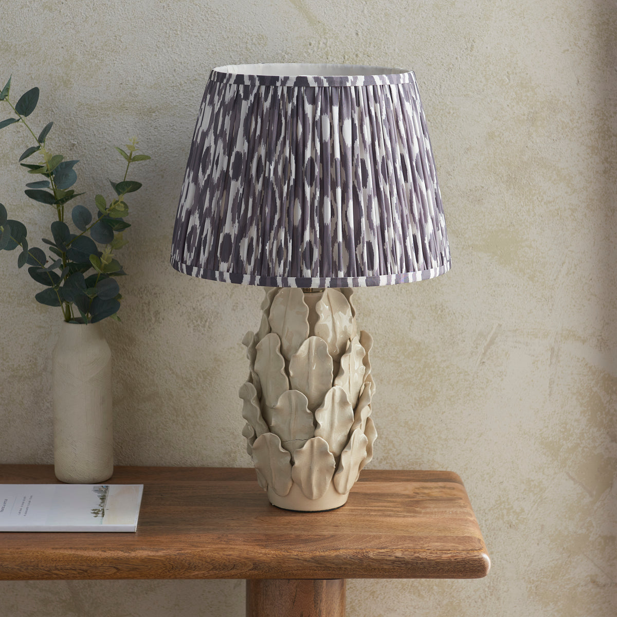 Layered Leaf Ceramic Table Lamp in Ivory Crackle Glaze with Pearl Grey 35cm Ikat Shade