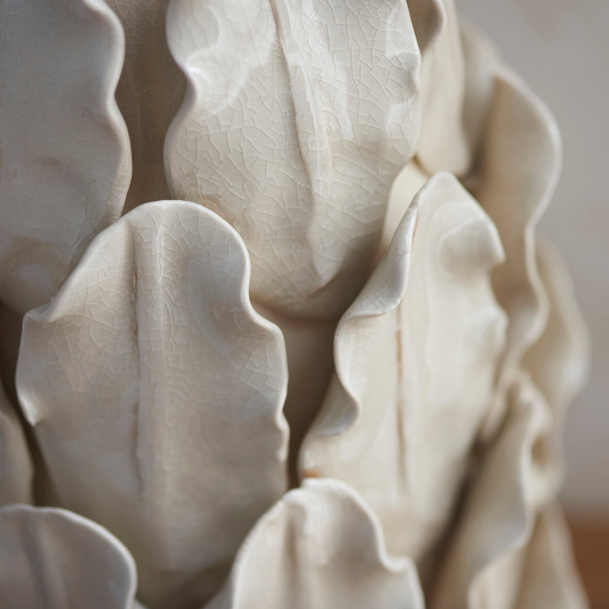 Layered Leaf Ceramic Table Lamp in Ivory Crackle Glaze with Pearl Grey 35cm Ikat Shade