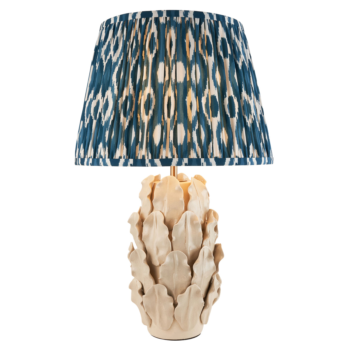 Layered Leaf Ceramic Table Lamp in Ivory Crackle Glaze with Marlin Blue 35cm Ikat Shade