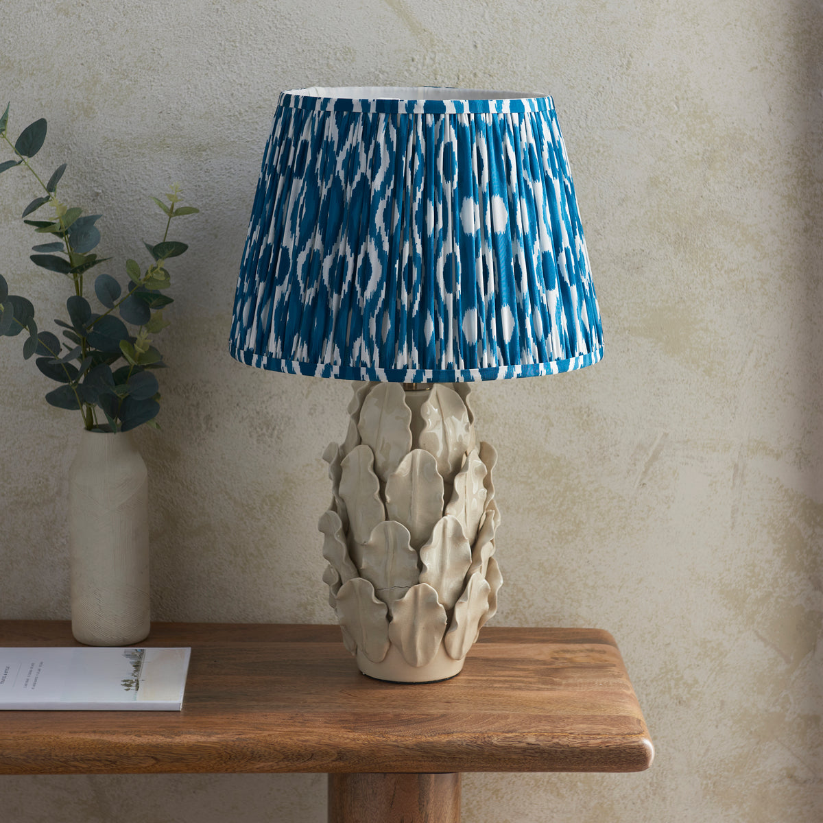 Layered Leaf Ceramic Table Lamp in Ivory Crackle Glaze with Marlin Blue 35cm Ikat Shade