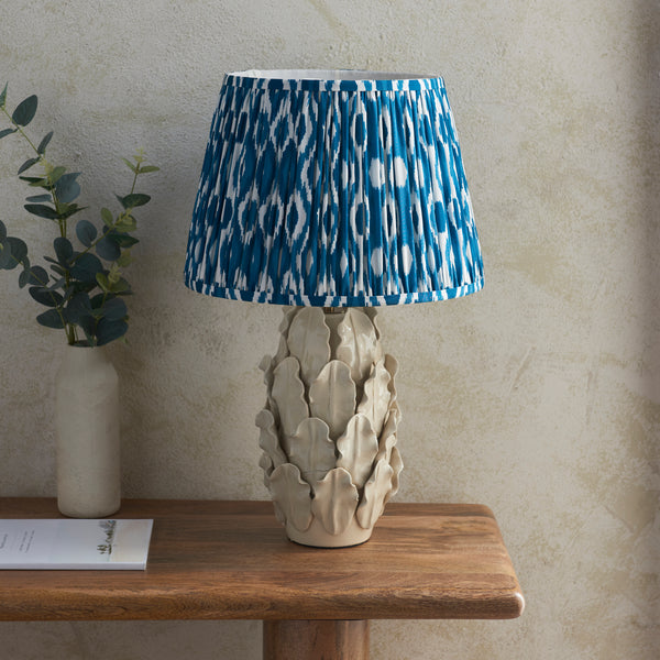 Layered Leaf Ceramic Table Lamp in Ivory Crackle Glaze with Marlin Blue 35cm Ikat Shade