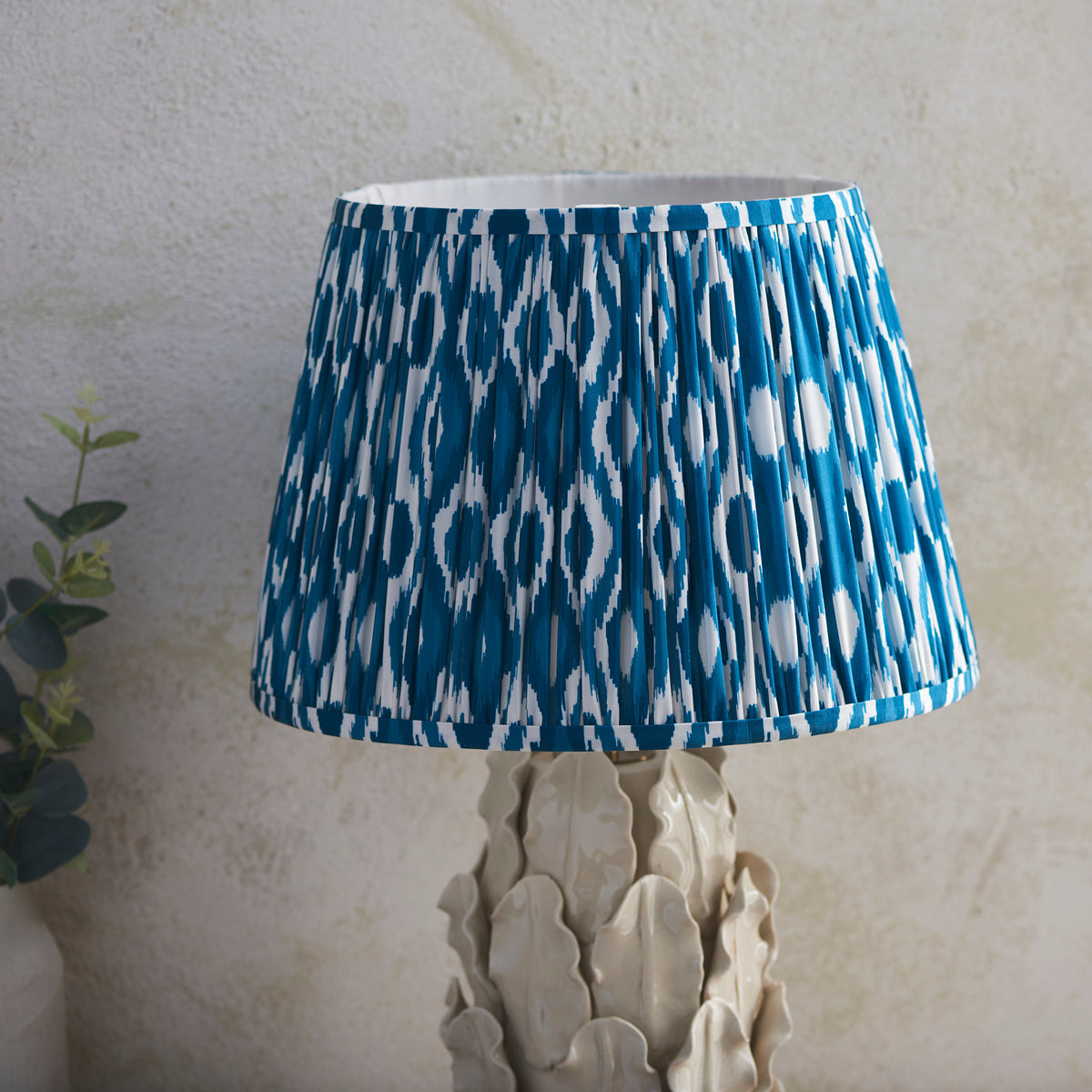 Layered Leaf Ceramic Table Lamp in Ivory Crackle Glaze with Marlin Blue 35cm Ikat Shade