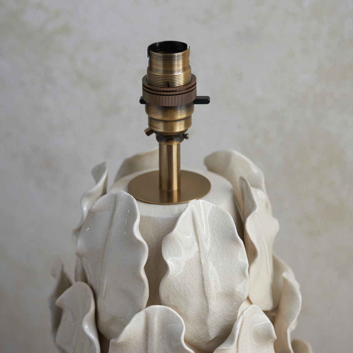 Layered Leaf Ceramic Table Lamp in Ivory Crackle Glaze with Marlin Blue 35cm Ikat Shade