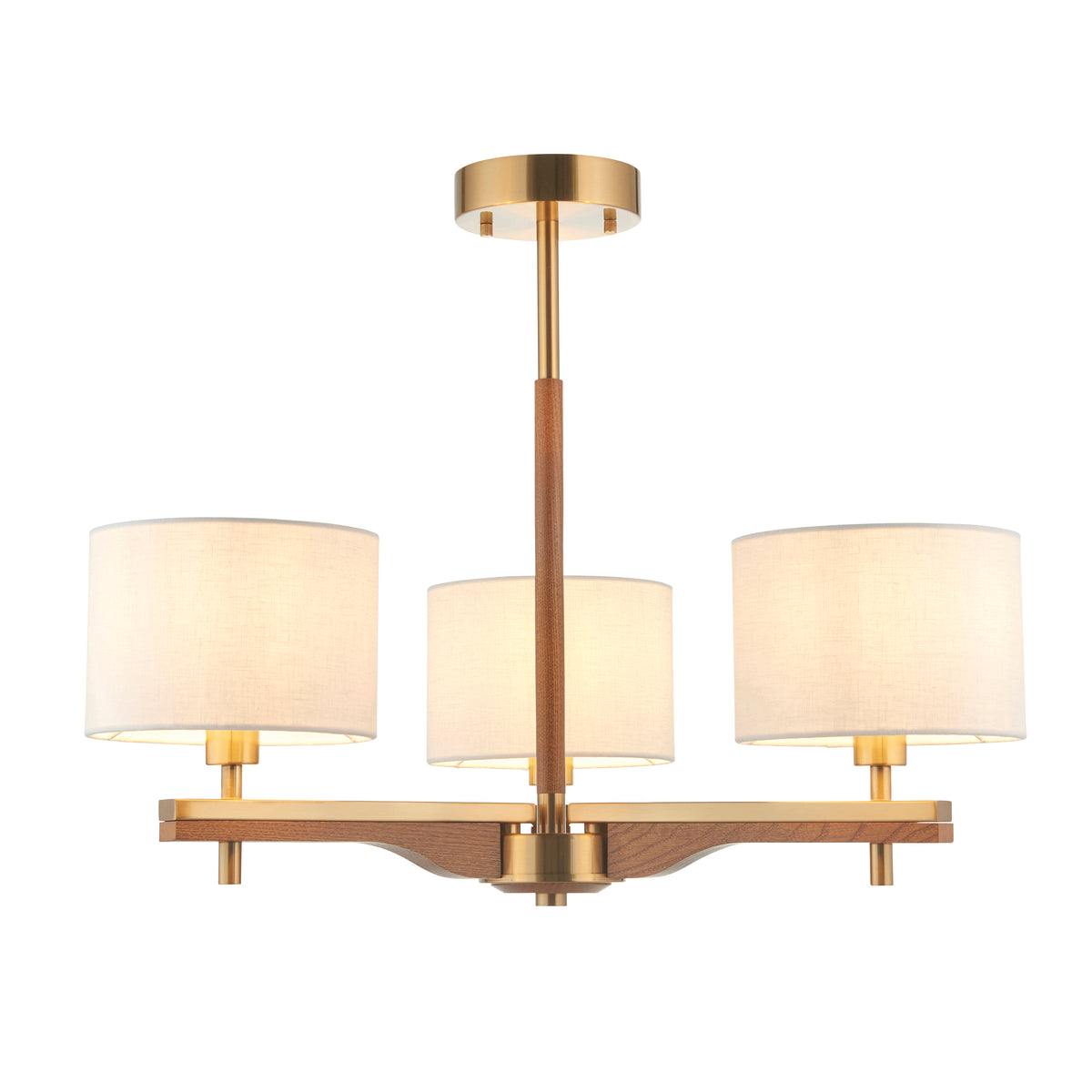 Modern chandelier with three white fabric shades, brass accents, and a wooden central rod and base.
