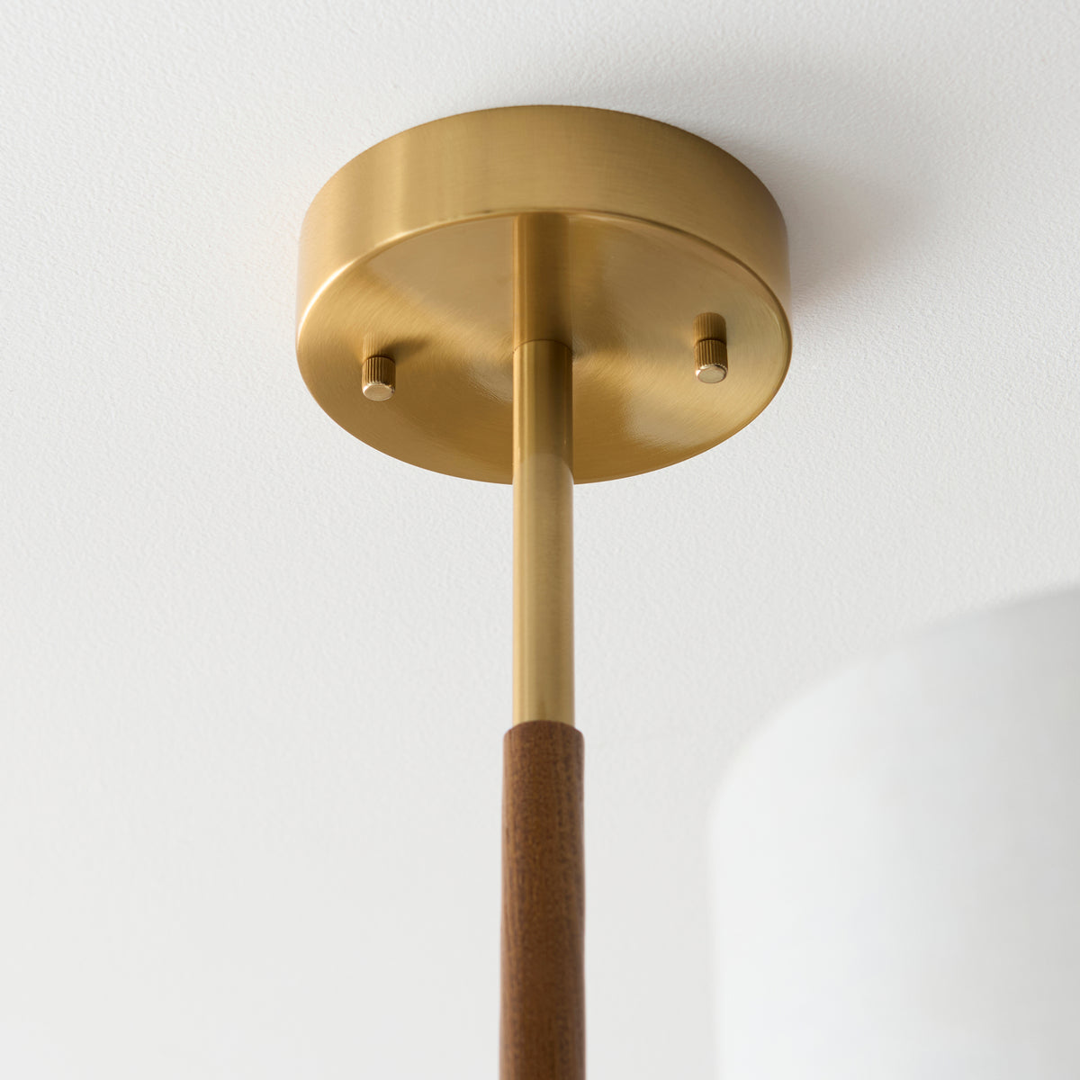 Close-up of a brass ceiling mount with a wooden accent on the light fixture's stem.