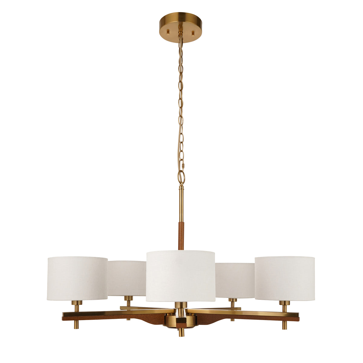 A modern chandelier with a gold chain and five white cylindrical lampshades, on a white background.
