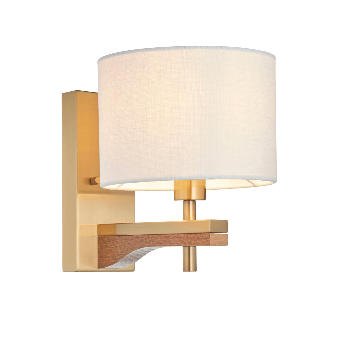 Modern wall sconce with a white fabric shade, brass finish, and a curved wooden accent.