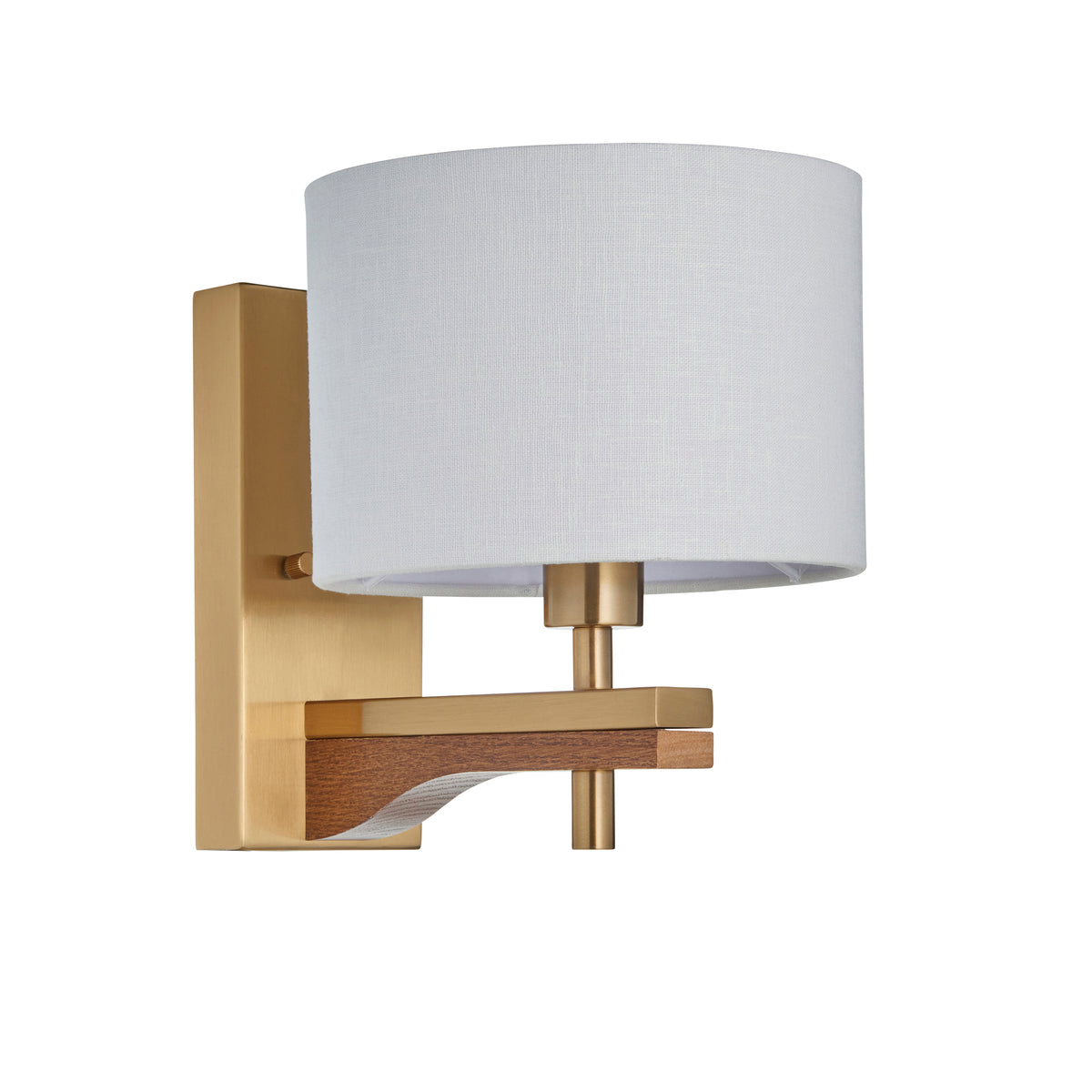 Modern wall sconce with a white fabric shade, brushed gold metal, and a curved wooden accent.