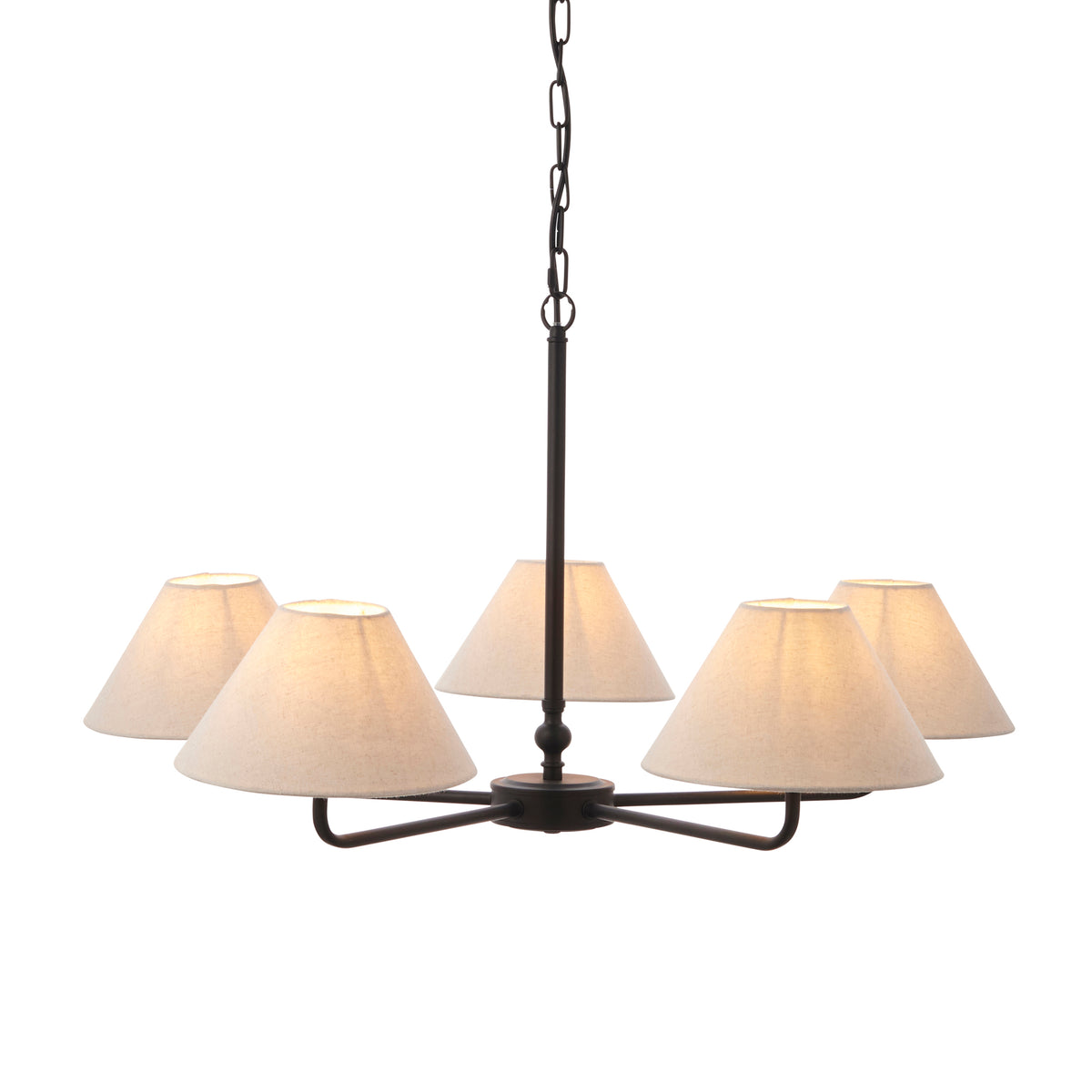 Lille Five Arm Pendant in Matt Black with Tapered Natural Linen Shades