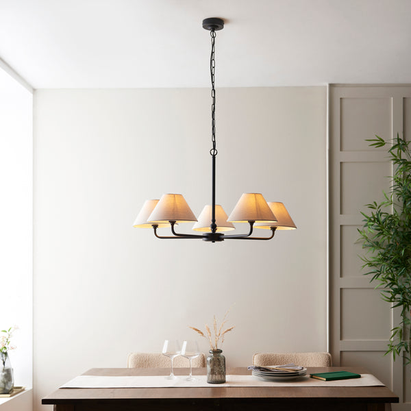 Lille Five Arm Pendant in Matt Black with Tapered Natural Linen Shades