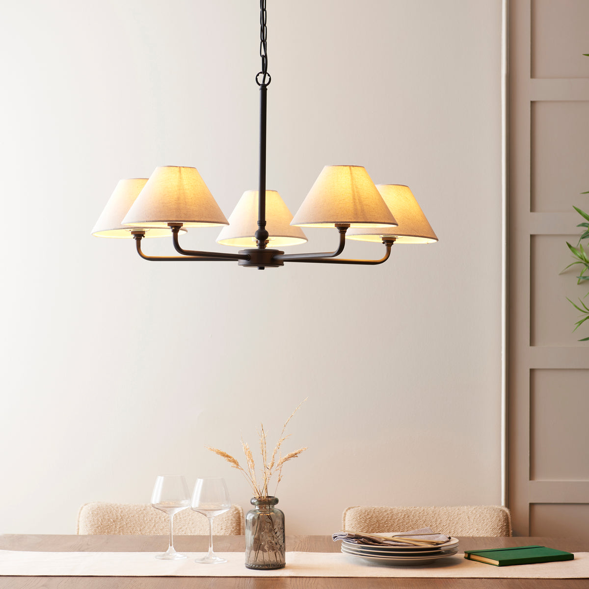 Lille Five Arm Pendant in Matt Black with Tapered Natural Linen Shades