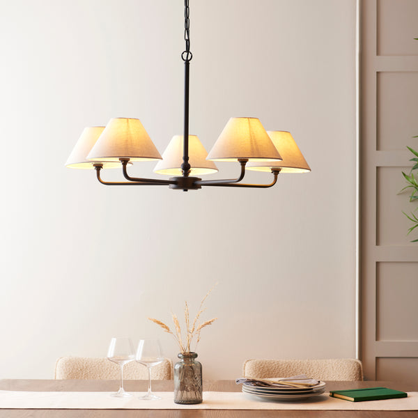 Lille Five Arm Pendant in Matt Black with Tapered Natural Linen Shades