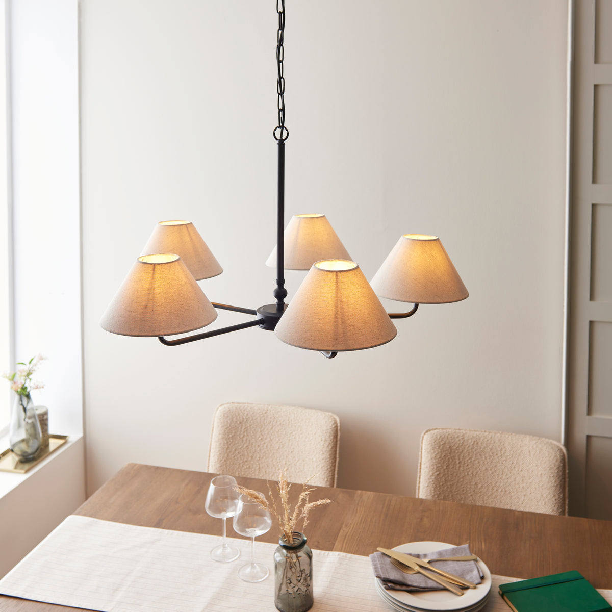 Lille Five Arm Pendant in Matt Black with Tapered Natural Linen Shades