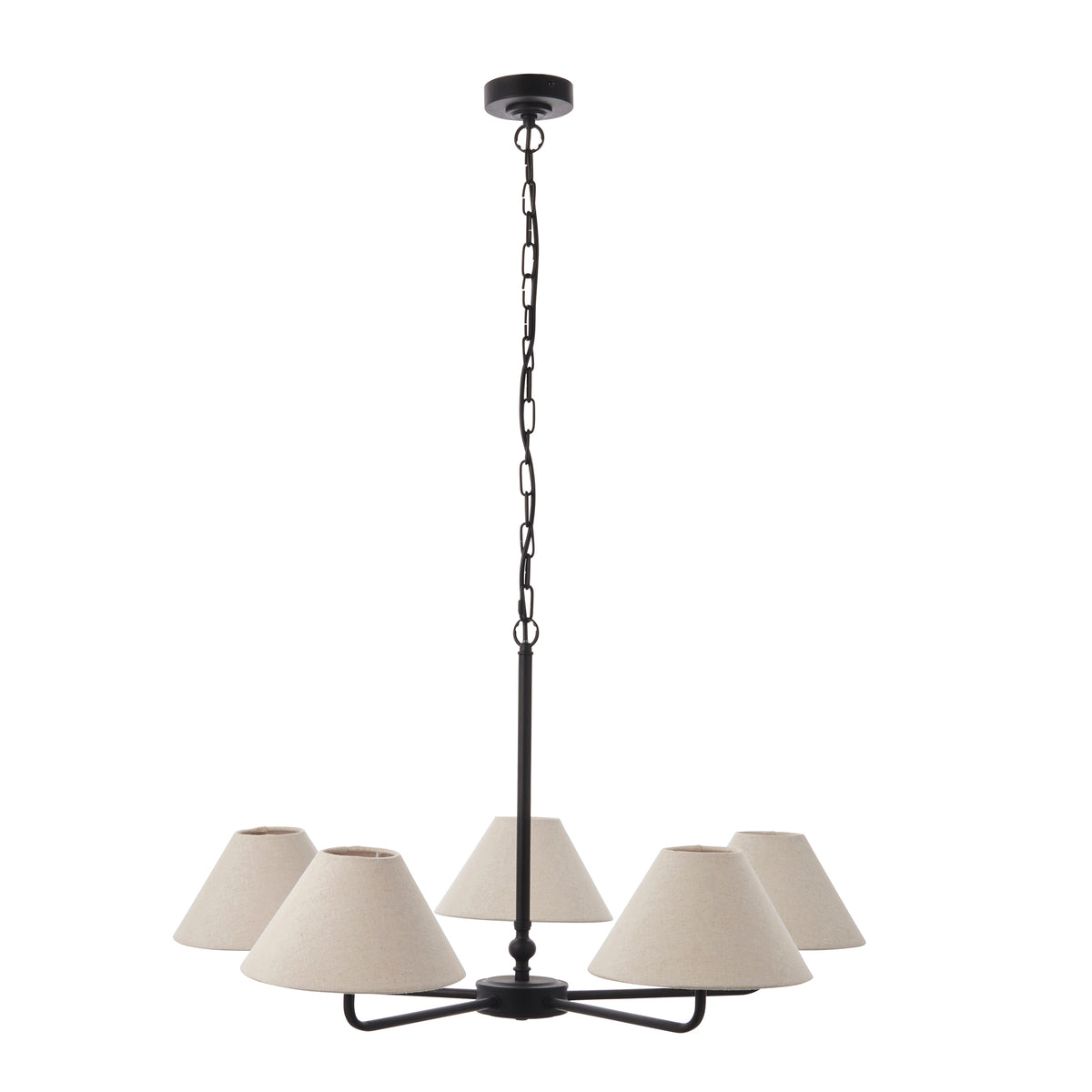 Lille Five Arm Pendant in Matt Black with Tapered Natural Linen Shades