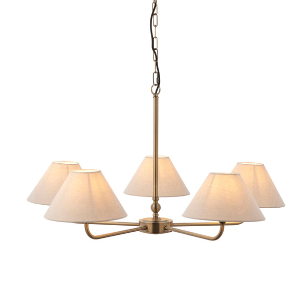 Lille Five Arm Pendant in Antique Brass with Tapered Natural Linen Shades