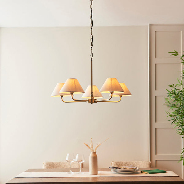 Lille Five Arm Pendant in Antique Brass with Tapered Natural Linen Shades