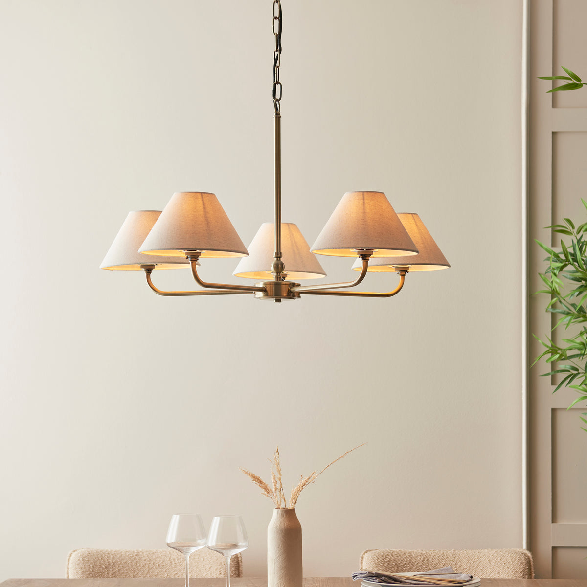 Lille Five Arm Pendant in Antique Brass with Tapered Natural Linen Shades