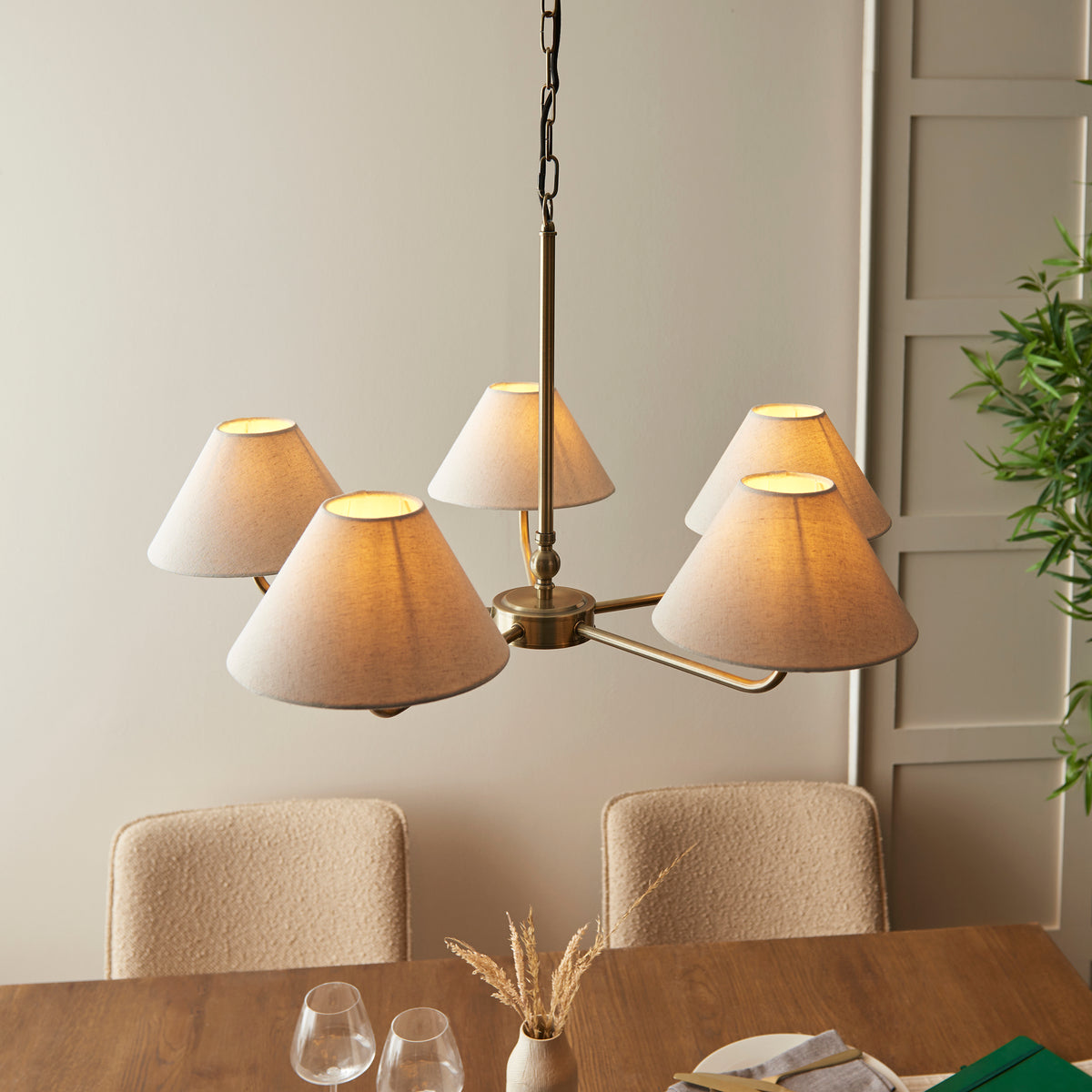 Lille Five Arm Pendant in Antique Brass with Tapered Natural Linen Shades