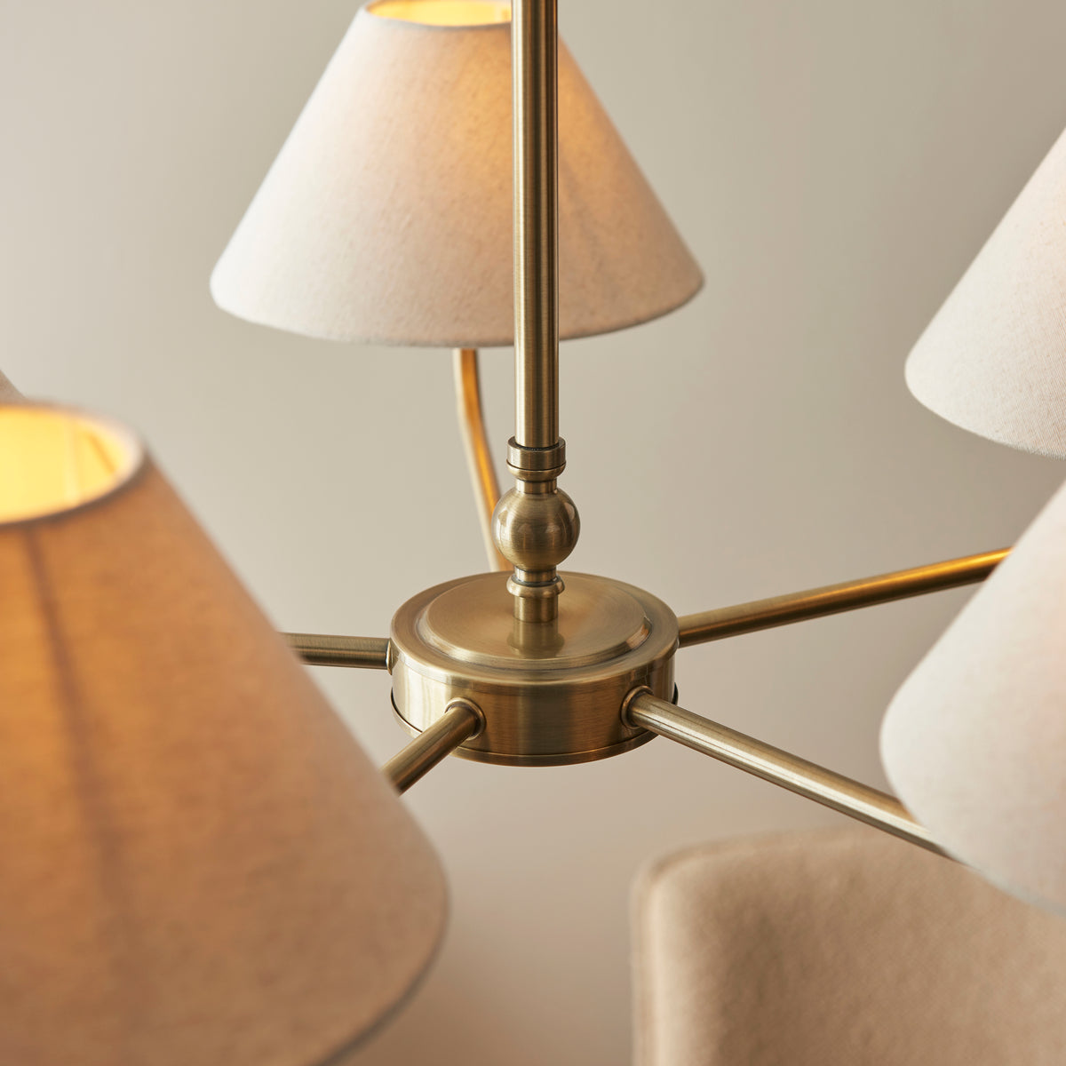 Lille Five Arm Pendant in Antique Brass with Tapered Natural Linen Shades