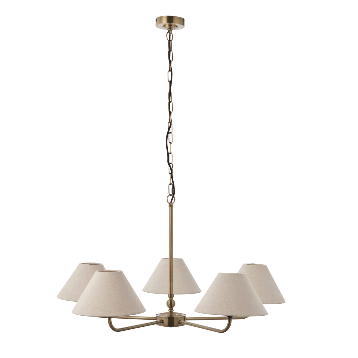 Lille Five Arm Pendant in Antique Brass with Tapered Natural Linen Shades