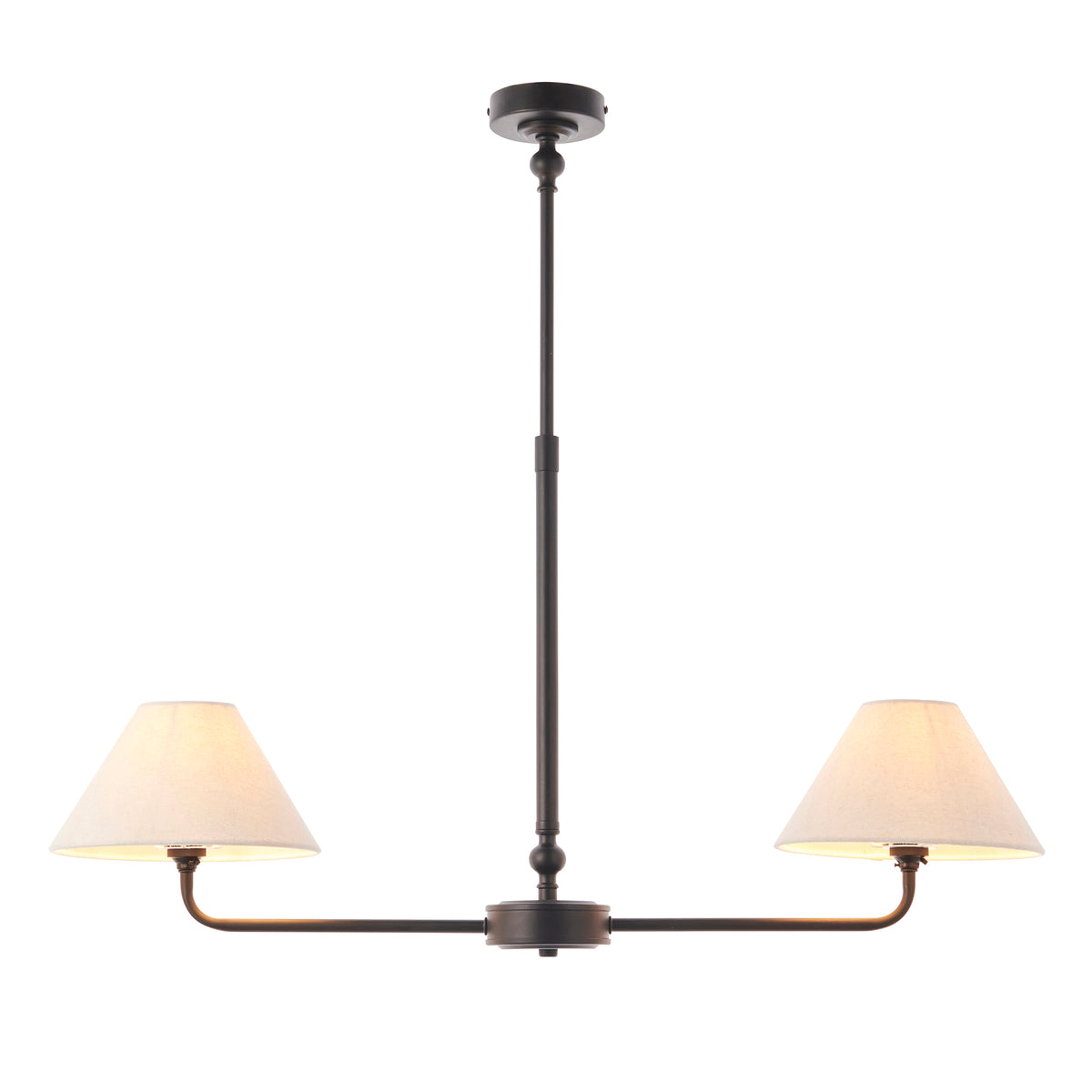 Lille Twin Light Linear Pendant in Matt Black with Tapered Natural Linen Shades
