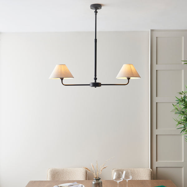 Lille Twin Light Linear Pendant in Matt Black with Tapered Natural Linen Shades