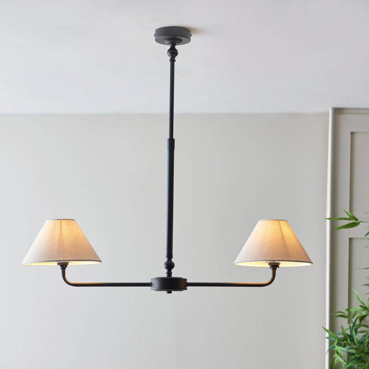 Lille Twin Light Linear Pendant in Matt Black with Tapered Natural Linen Shades