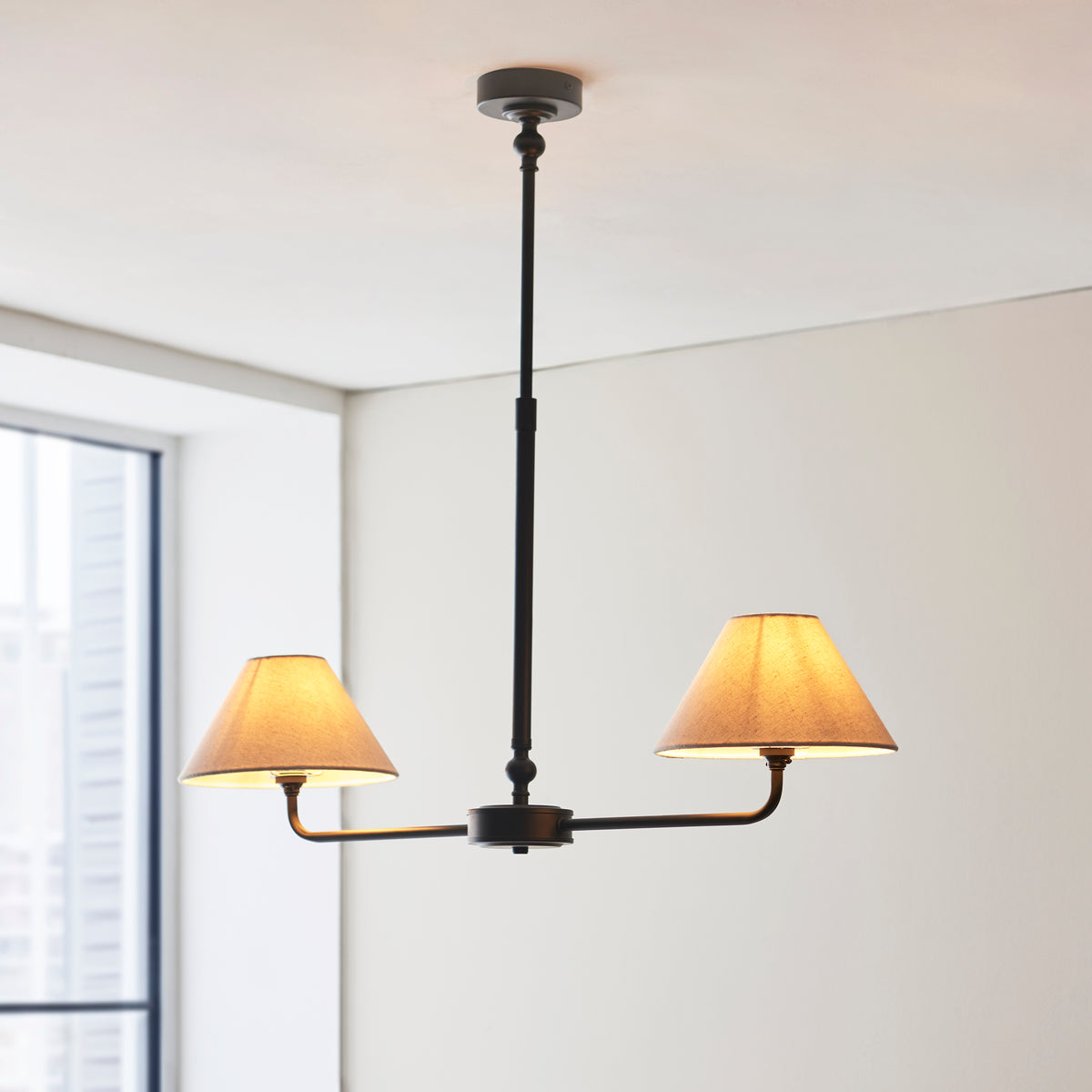 Lille Twin Light Linear Pendant in Matt Black with Tapered Natural Linen Shades