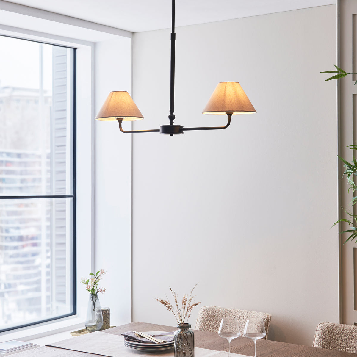 Lille Twin Light Linear Pendant in Matt Black with Tapered Natural Linen Shades