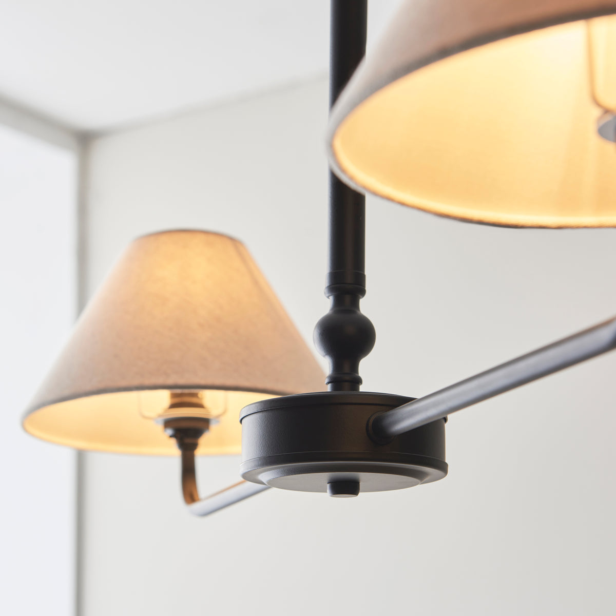 Lille Twin Light Linear Pendant in Matt Black with Tapered Natural Linen Shades