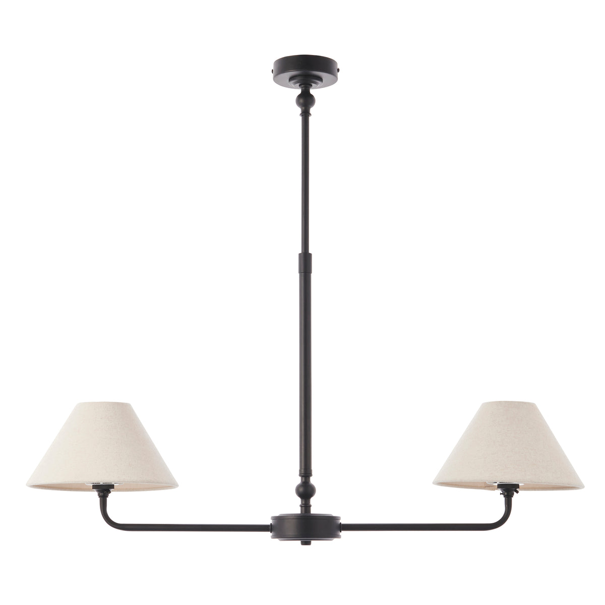 Lille Twin Light Linear Pendant in Matt Black with Tapered Natural Linen Shades