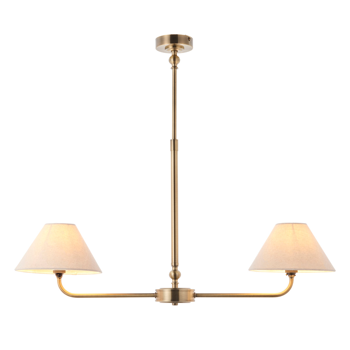 Lille Twin Light Linear Pendant in Antique Brass with Tapered Natural Linen Shades