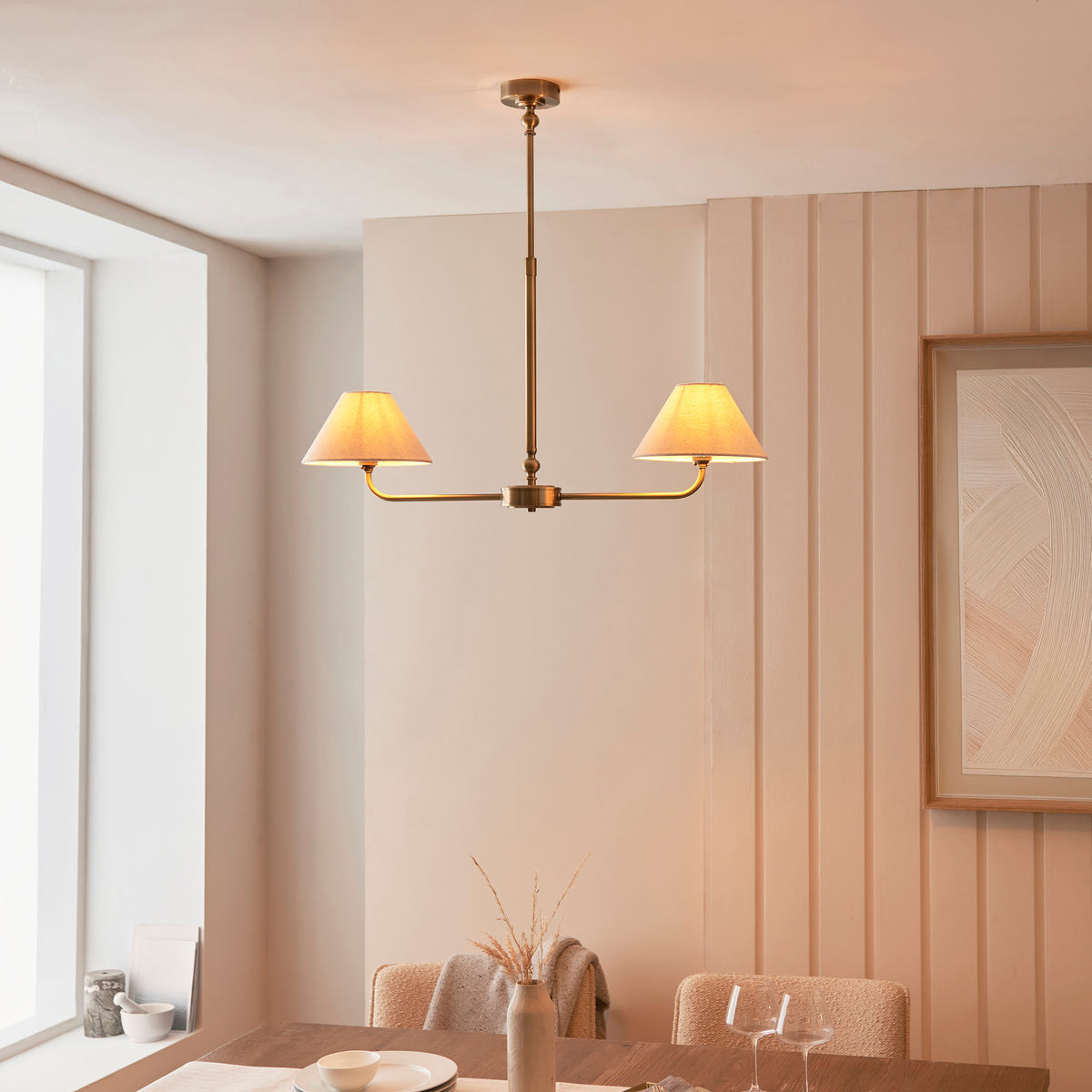 Lille Twin Light Linear Pendant in Antique Brass with Tapered Natural Linen Shades